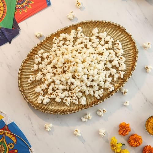 Image of BEHOMA Aluminium Sunburst Pooja Thali Tray, Golden, 24cm | Handcrafted sunburst golden aluminium tray, 24cm; premium pooja thali for temple & Diwali decor.