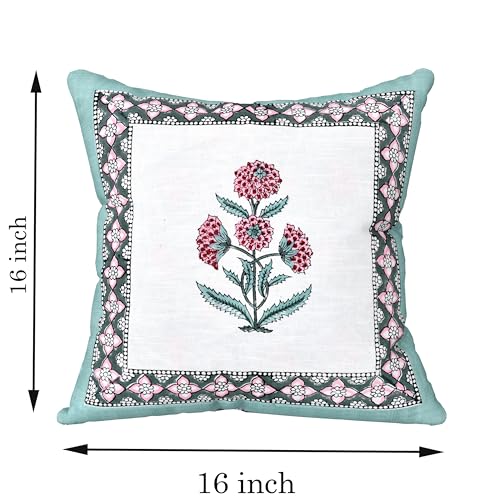 Image of BLOCKS OF INDIA Hand Block Printed Cotton Linen Cushion Cover (16 x 16 inches) (SEA Green Motifs)