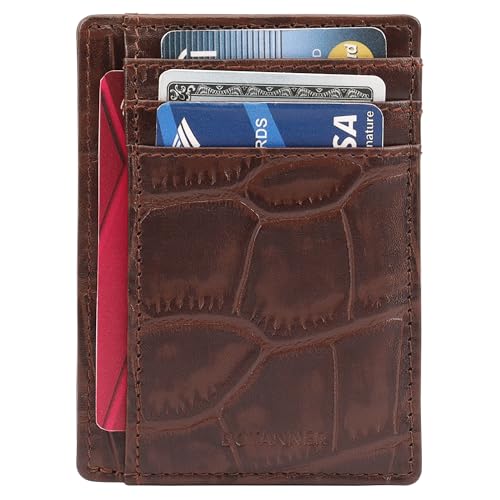 Genuine Leather Slim RFID-Blocking Card Holder – Croc-Embossed Design with 3 Card Slots, 1 ID Window, 2 Extra Pockets, and a Note Section | Unisex (Chocolate brown)2