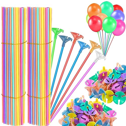 YOUNGSAY 200 Pcs Tige Ballon, Réutilisable Tige a Ballon, Plastique Baton Ballon avec Amovible Tasses pour Anniversaire, Mariage et Fête (Multicolore)
