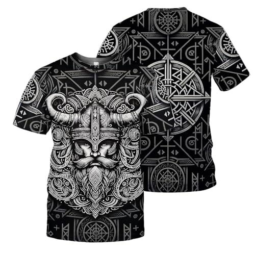 Red Odin's 3D Print T-Shirt, Viking Rune Short Sleeve Tee, Gift for Men, Viking Tattoo Unisex Shirts3