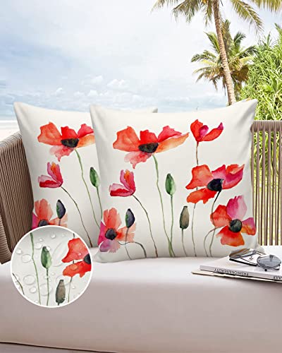 T&H XHome Outdoor Waterproof Throw Pillow Covers 24 x 24 Inches Set of 2 Watercolor Poppy Illustration Decorative Cushion Cover Pillowcase for Garden Patio Tent Beach Bedroom Livingroom Sofa Couch