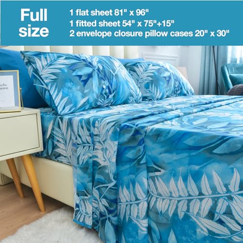 Image of JSD Blue Tropical Leaves Print Sheet Set Full Deep Pocket | 4 Piece Soft Botanical Microfiber Sheets, OEKO-TEX Certified, Easy Care