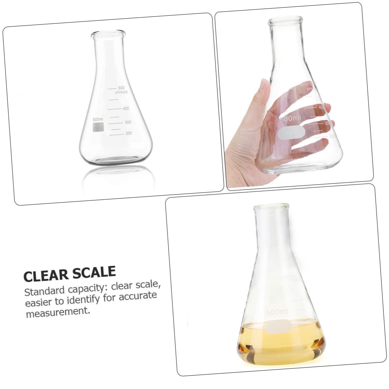 SOLUSTRE Matraz Erlenmeyer de Vidrio de Borosilicato, 5 Unidades | Cuello Ancho y Base Plana, 50ml a 1000ml, Graduaciones Estándar y Área de Marcado Amplia
