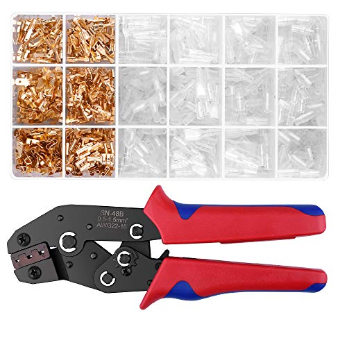 AUKUYEE Pince à Sertir, Connecteurs à sertir Spade mâle/femelle + Pince à sertir à cliquet pour AWG22-16/0.5-1.5mmu00b2 (600pcs + Outil de sertissage)