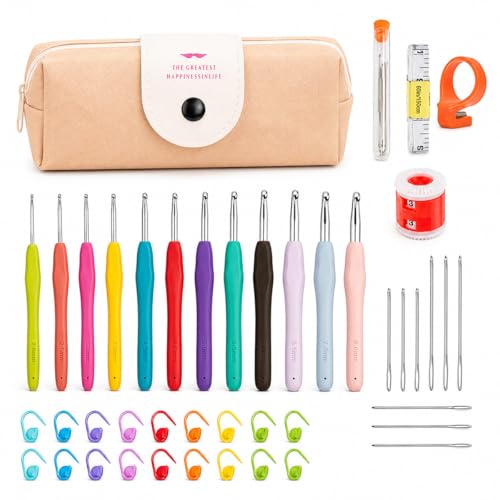 Conjunto de Agulhas de Crochê 41 Peças com Estojo, Agulhas de Alumínio 2,0–8,0 mm com Cabos Ergonômicos Antifadiga, Acessórios de Tricô Multicoloridos