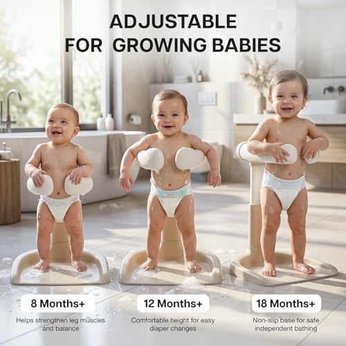 Image of BAYBEE Babyflo Shower Bath Stand for Baby for 0 - 3 Years for Kids | Baby Standing Bath Stand with Adjustable Height & Width | Foldable Kids Bathstand with Shower Holder & Anti-Slip Base (Beige)