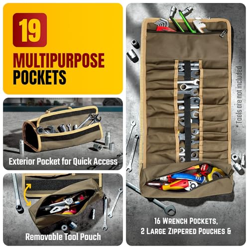 Image of Ryker Wrench Roll Up Tool Bag Organizer. Soft Motorcycle rollup tool pouch | Heavy Duty Small Tool Roll Bag. Mechanics Storage Gifts for him. Multiple Pockets for Survival Overland Gear, Sockets & Tools