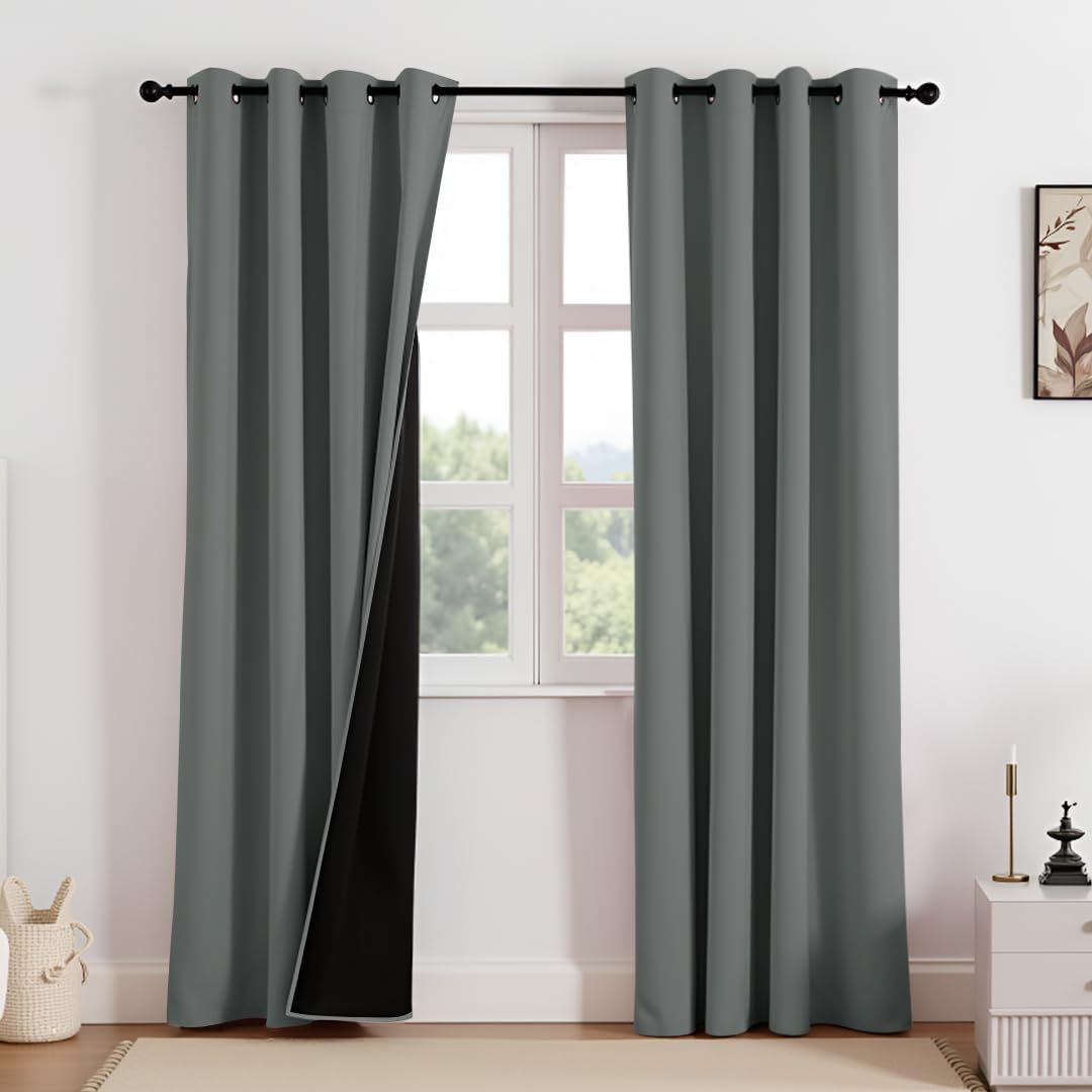 HOMEMONDE 100% True Blackout Curtains Customize Size - Faux Silk Light Blocking Curtains with Black Backing, Energy Efficient Panels Pack of 2 - (Solid Grey)