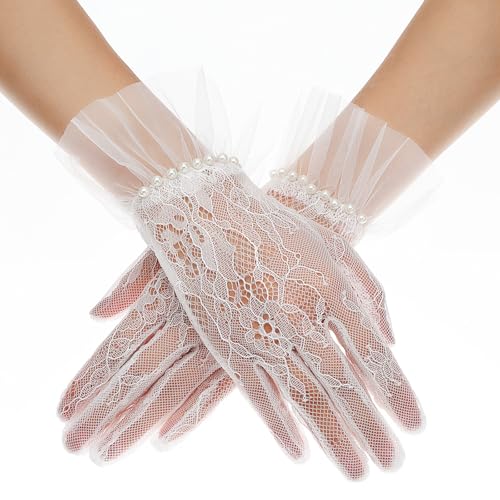Short Lace Mesh Gloves Tulle Border with Pearls Elegant Courtesy Costumes Dressy Gloves for Ladies Women Formal Wedding Opera Dinner Tea Party