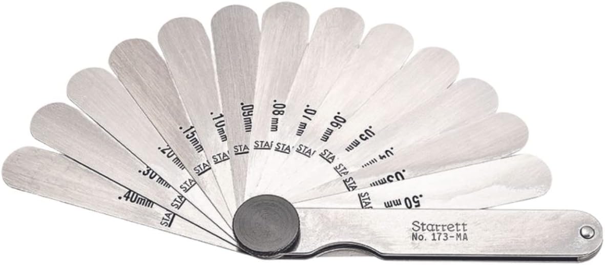 Starrett Tempered Steel Metric Thickness Gage with Straight Leaves, Locking Device, Rugged and Substanial Steel Case - 0.03mm-0.50mm Thickness, 13 Leaves - 173MA