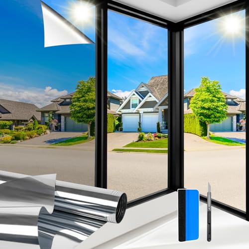 Zindoo Film Fenetre Anti Regard Film Anti Chaleur 44.5x200cm Bon Effet Miroir Anti UV avec Kit de Pose Protection de la Vie Privée Protéger du Soleil pour...