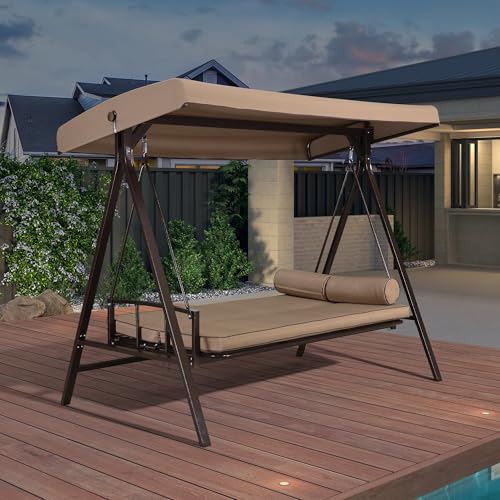 PURPLE LEAF Balancelle de Jardin 3 Places Toit Réglable, Convertible en Balancelle Lit, XL Balancelle Jardin Exterieur avec 5 Coussins, Poids Max 350kg, Kaki