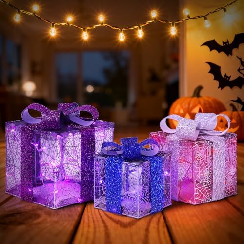 DomKom Plug-in Set of 3 Halloween Lighted Gift Boxes Decorations with 60 LEDs Metal Frame Halloween Present Boxes Decor for Holiday Home Indoor Garden Party Favors