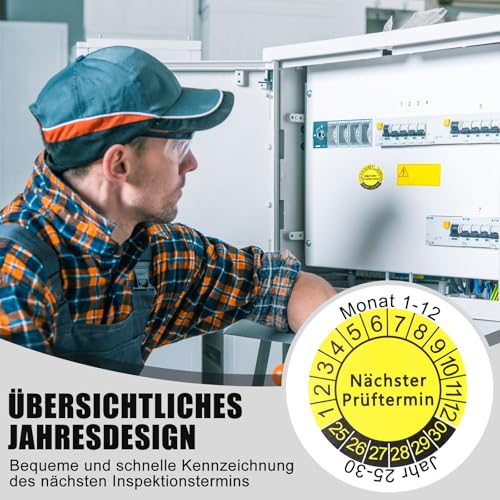 KASURE 1500 Stück Nächster Prüftermin Prüfplaketten 25MM mit 1 Lochzange Rundloch 3MM, Prüfplakette Gelb Selbstklebend, Wartungsetiketten Mehrjahresprüfplaketten für leitern und tritte