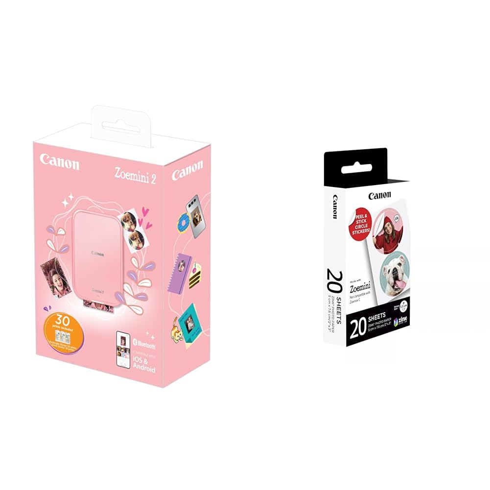 Canon Zoemini 2 Pack Imprimante Photo + 30 Feuilles Assorties, Rose Doré & PAP Rond ZOEMINI ZP2030-2C 20F
