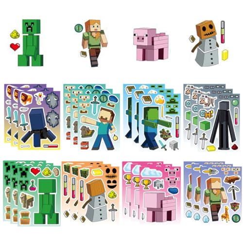 Ruayia 24 hojas de calcomanías de minero para niños, calcomanías de dibujos animados para hacer una cara, juego de manualidades de bricolaje, manualidades adecuadas para recuerdos de fiesta