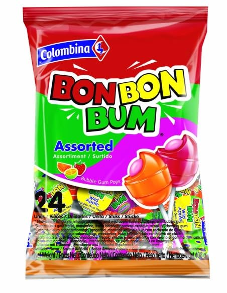 Bon Bon Bum Chupetas con Chicle, Sabores Surtidos, 24 Unidades por Paquete, Colombina Original