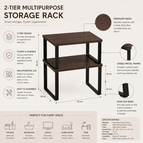 Image of Decorlay Metal & Wooden Cabinet Shelf Organizer Spice Rack Kitchen Counter Shelf, Pantry Organizer Storage Shelves, Stackable | Black-Brown