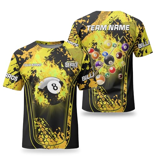 Customized Billiards Pool Tee for Team 3D Billiard Ball on Yellow Flame Shirt Short Sleeve Customize 8 Ball Tshirt 4XL