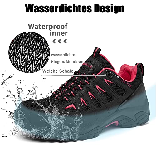 SHULOOK Wanderschuhe Damen Wasserdicht Leicht Trekkingschuhe Damen rutschfeste Bergschuhe Outdoor Schuhe für Camping,Hiking,Angeln (Schwarz Rot EU 39)