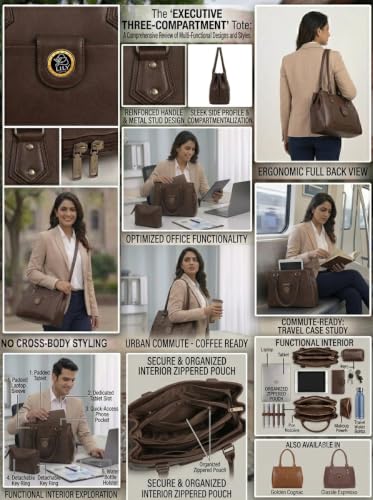 Image of Women's PU Leather Shoulder Handbag | Spacious 3 Compartment Tote Purse with Zip Closure & Multiple Pockets | Top Handle Office College Travel Handbag | 30 x 25 x 12 cm