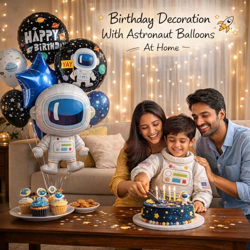 Image of Propsicle Astronaut Space Theme Foil Balloon Set with Blue Star and Round Happy Birthday Balloons for Kids Birthday Decoration Pack of 5, Air & Helium Support