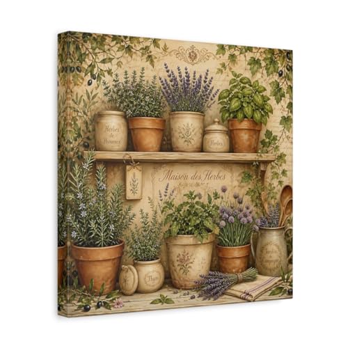 Tableau herbes aromatiques vintage deco cuisine bistrot rustique en toile 35x35 cm