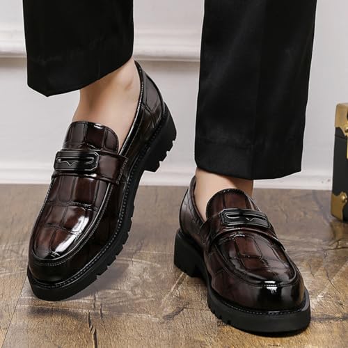 Mens Stone Grain Leather Slip On Dress Penny Loafers Low Top Non-Slip Round Toe Shoes for Formal Business Wedding Office2