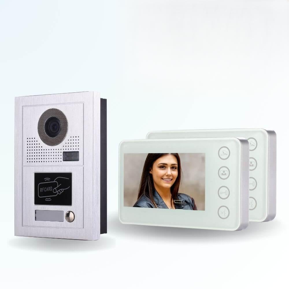 Portier interphone vidéo Modern 2 Fils - 1 Appartement - 2 écrans Blancs - avec Lecteur de Badge