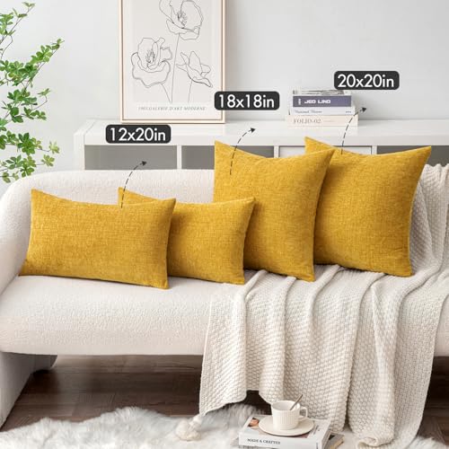 Image of MIULEE Pack of 2 Mustard Yellow Throw Pillow Covers 12x20 Inch Soft Spring Chenille Lumbar Pillow Covers for Sofa Living Room Couch Solid Dyed Cases