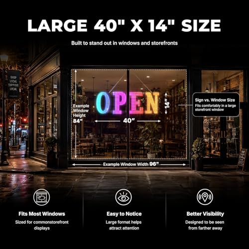 Image of Large Open Sign for Business, 40 inch x 14 inch LED Open Sign with 16 Million Colors, APP & Remote Control, Timer, 44 Flashing Modes, Adjustable Brightness & Speed, for Storefront Window or Glass Door