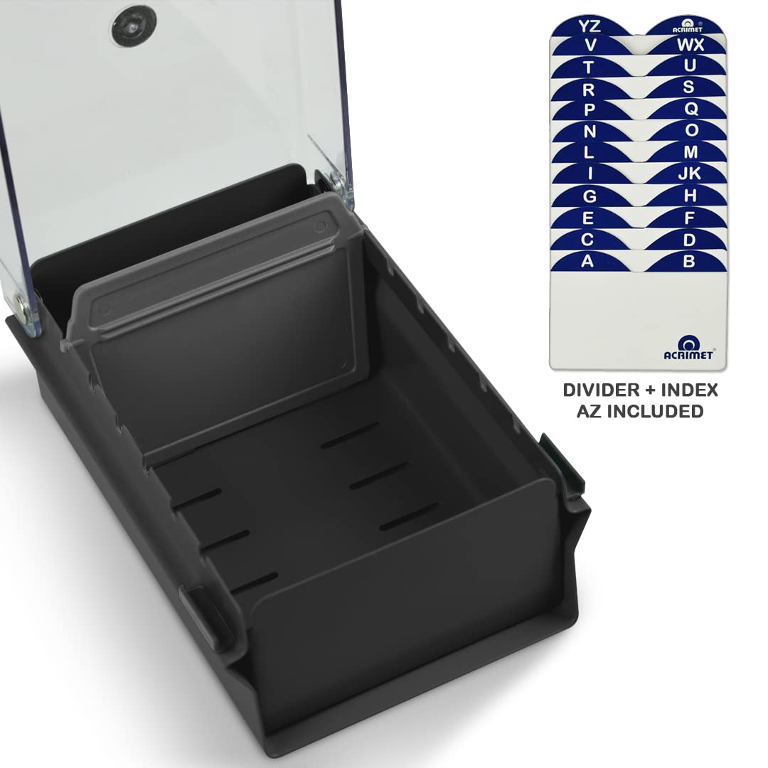 Range Carte De Visite Acrimet Porte-Cartes De Visite, Boîte De Rangement, Base En Métal Couleur Gris Et Couvercle En Plastique Transparent (Inclut Des Cartes D'index AZ - 95 Mm X 68 Mm
