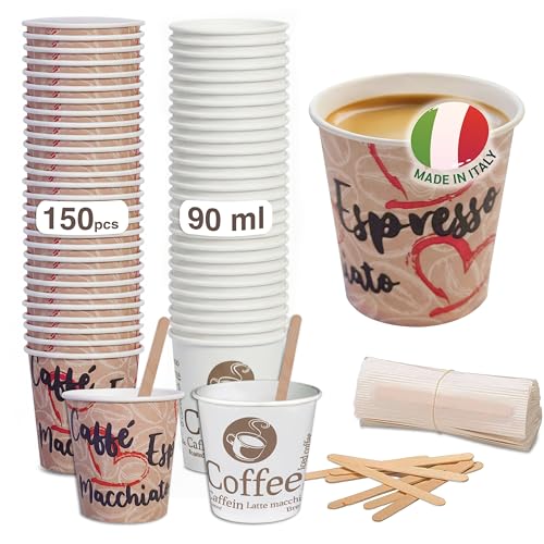 Caffetti 150 Bicchierini Caffè 3 oz + 150 Palette, Bicchieri 90 ml in Carta Made in Italy, Palettine Monouso in Legno Betulla Riciclabili, per Ristoranti, Ufficio, Asporto, Bar, Espresso