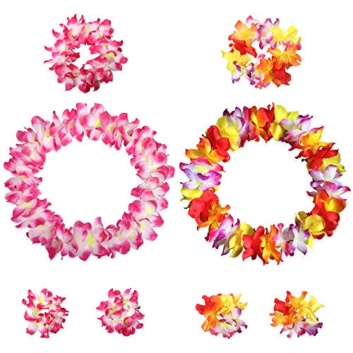 Hawaiian Leis Headband Wristbands Tropical Luau Hawaii Necklace Headpiece Bracelets Women Wreath Garland Wedding Vacation Summer Beach Carnival Party Decorations Favors Supplies 8 PCS Color Rose