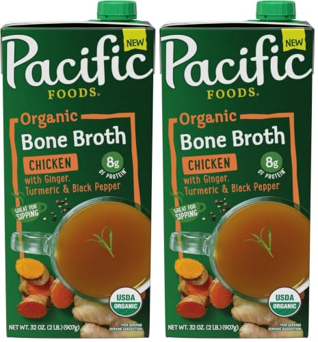 Image of Pacific Foods Organic Chicken Bone Broth With Ginger, Turmeric, and Black Pepper, 32 oz Carton (Pack of 2)