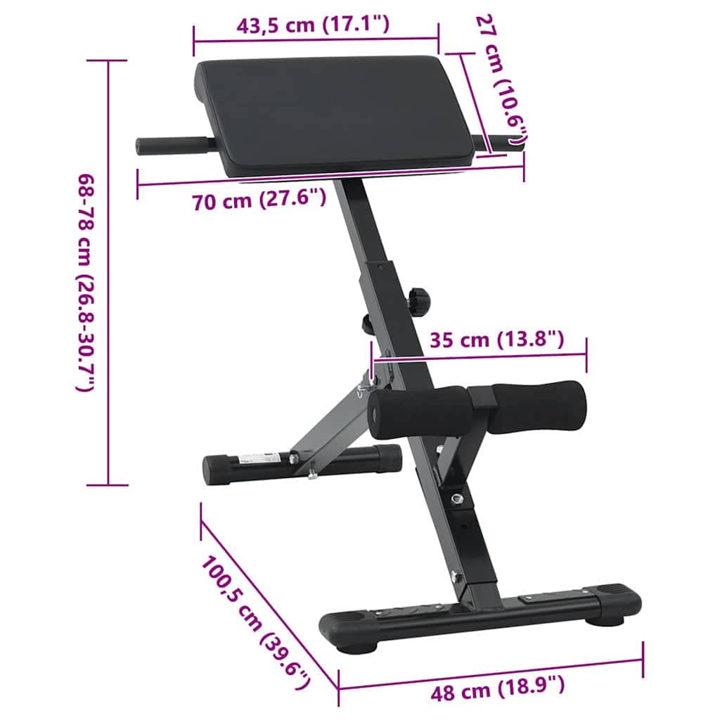 Ławka Hyperextension czarna ze stali malowanej proszkowo, 100,5 x 70 x 78 cm, składana i regulowana, do treningu siłowego, pleców, mięśni brzucha, ćwiczeń wewnątrz