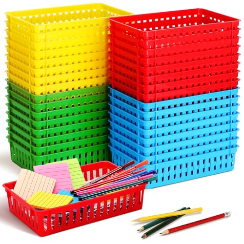 Wenqik 32 Pcs Classroom Storage Baskets Plastic Baskets Organizer Colorful Crayon Pencil Container Small Trays for Organizing Classroom Storage Bins for Paper Desk School 10.2 L x 6.5 W x 2.4 H