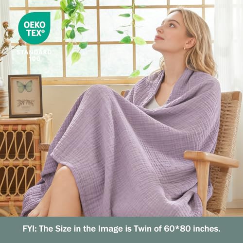 Image of EMME Cotton Muslin King Blanket Bed Layering Bedspread Coverlet Breathable Gauze Soft Lightweight (Heather Lavender, 108 inchx90 inch)