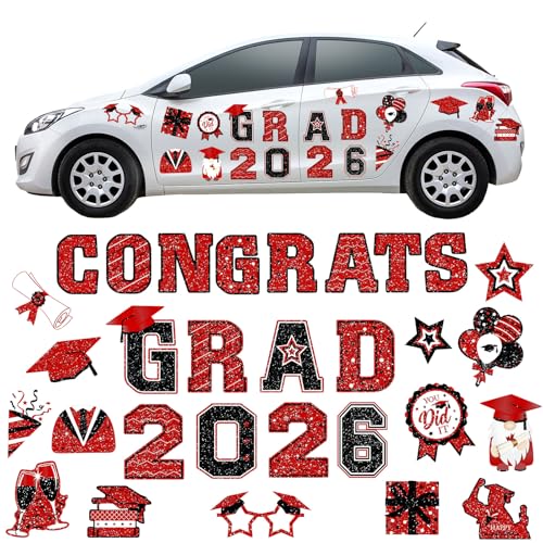 Image of Landhoow 30 Pcs Graduation Car Magnets 2026 Senior Graduation Car Decoration Bumper Sticker Congrats Grad Magnet Magnetic Refrigerator Decal for Grad Parade Party Supplies(Red, Black)