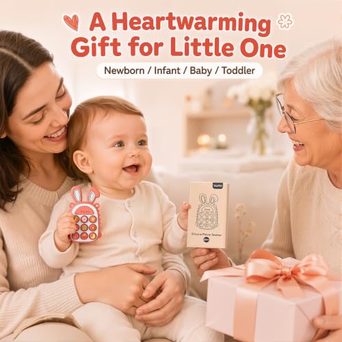Image of Press Phone Teether for Baby Girls, Soft Silicone Teething Toy, Sensory Toy | Teething Relief, BPA-free, Freezer, for Baby 3 Months+, Cute Rabbit Design with Textures and 9 Patterns, Press & Pop for Fun!