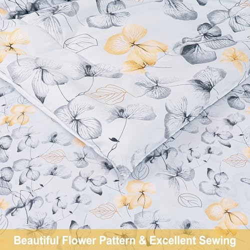 Image of lasoftan Floral Queen Comforter Set with Sheets, 7 Piece Luxury Vintage Bedding, Soft Microfiber Bed in a Bag, Cozy Lightweight Bed Set, Grey Yellow Leaves