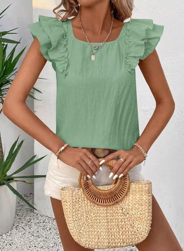 Image of Falechay Womens Bow Tie Back Tops Round Neck Ruffle Short Sleeve Shirts Cute Babydoll Chiffon Tee Women Summer Trendy Tunic