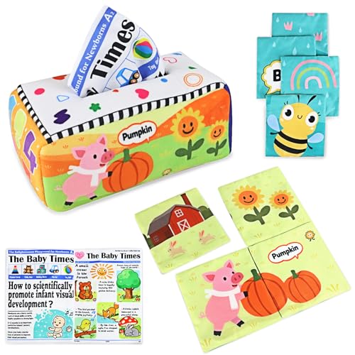 KUANGO Baby Toys 6-12 Months Tissue Box Toy Soft Crinkle Stuffed Montessori Toys for 6 7 8 9 10 Month Old Infant Sensory Newborn Toys Baby Boys Girls Gifts