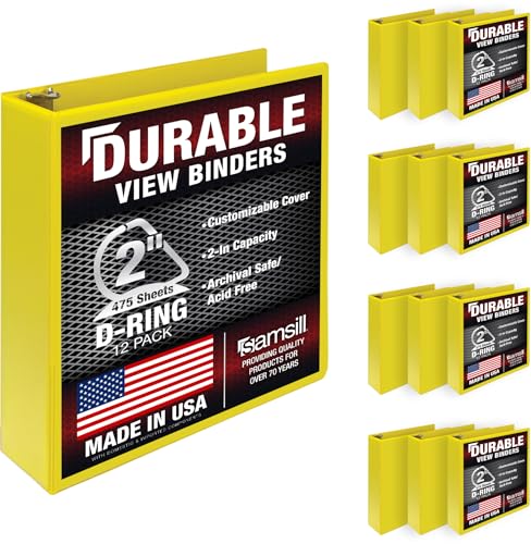 Image of Samsill Durable 2 inch 3 Ring Binder, D Ring Binder, 100% Recycled Chipboard, Yellow, 12 Pack