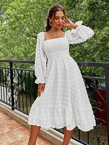 Amegoya Women's Boho Flowy Long Sleeve Square Neck Floral Midi Dress Smocked Spring Fall Wedding Guest Dresses4