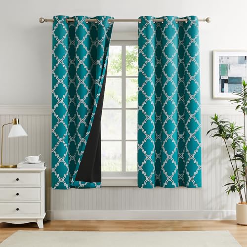 Melodieux Cortinas 100% opacas de 63 pulgadas de largo para dormitorio, estampado de azulejos marroquíes, aislamiento térmico, oscurecimiento de habitación, cortinas con ojales, 42 pulgadas de ancho x