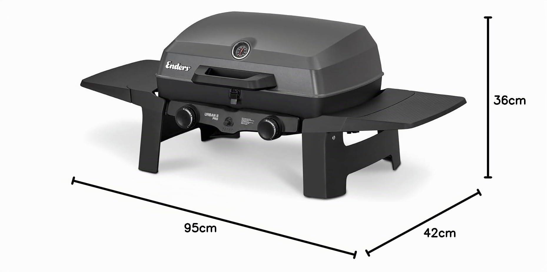 Enders Urban Pro II Barbacoa de Gas portátil, barbacoa de sobremesa, Parrilla Gas 2 Quemadores con Tapa, Termómetro y Estantes Laterales Abatibles, BBQ para camping jardín exterior, 30 mbar #206233