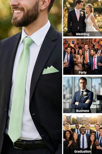 Image of HISDERN Mens Ties Solid Color Ties for Men Formal Necktie with Pocket Square Set Satin Silk Neck Tie Handkerchiefs Set