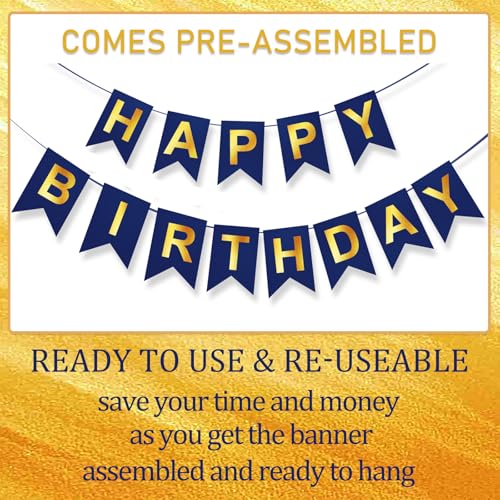 Image of Blue & Gold Birthday Banner, Party Decor & Backdrop - Pre-Strung, 16ft